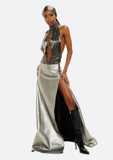 silver maxi skirt leather long skirt gunmetal slit leather maxi skirt Vauci London