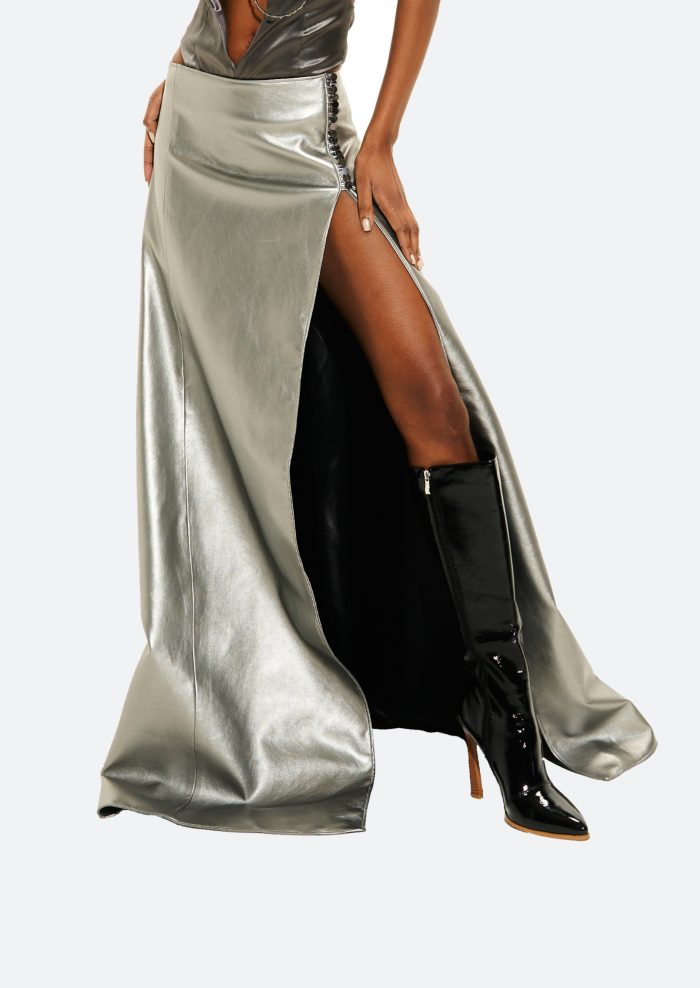 silver maxi skirt leather long skirt gunmetal slit leather maxi skirt Vauci London