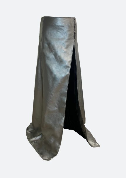 silver maxi skirt leather long skirt gunmetal slit leather maxi skirt Vauci London