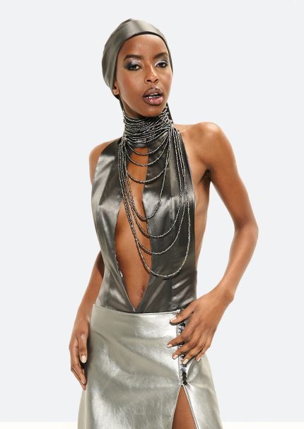 stretched silver silk durag bodysuit