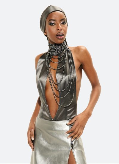 stretched silver silk durag bodysuit